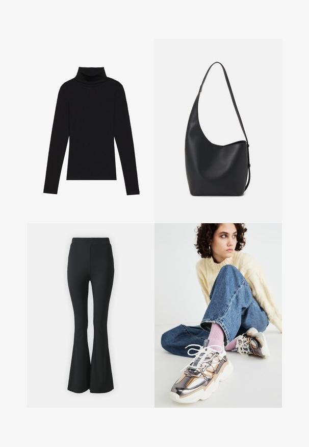 Fekete garbónyakú, hosszú ujjú felső, bordás anyagból készült, testhez álló fazonnal, magas nyakkal, minták és díszítések nélkül.; Fekete, bővülő nadrág rugalmas anyagból. Magas derékkal és sima, testhezálló kialakítással rendelkezik, amely a térdtől lefelé bővül.; Fiatal, göndör hajú személy krémszínű pulóverben, kék farmerben, rózsaszín zokniban és fémből készült, vastag talpú sportcipőben ül a földön, elfordulva.; Fekete bőr hobo táska sima textúrával, ívelt formával és egyetlen állítható pánttal; széles nyílás található a tetején.