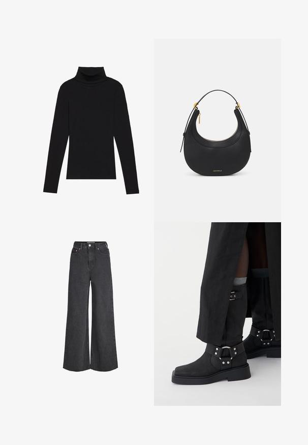 Crna turtleneck majica dugih rukava, napravljena od rebraste tkanine, ima uski kroj s visokim ovratnikom i bez uzoraka ili dekoracija.; Crne široke traperice visokog struka s izgužvanim rubom, pet džepova i detaljima od bakra na dugmadi. Klasično zatvaranje na dugme i patentni zatvarač.; Crne gležnjače od kože s mat završetkom, kvadratnim vrhom i dekorativnim kopčama. Potplat je robustan i teksturiran.; Crna kožna torbica za ručnu nošenje sa zaobljenim oblikom, teksturiranom površinom, zlatnim metalnim detaljima i zatvaranjem na zip. Logo je prikazan na dnu.