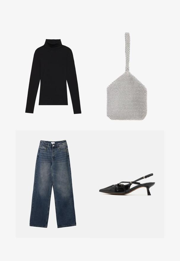 Cămășuță neagră cu guler înalt, dintr-un material cu dungi, cu un design aderent, fără modele sau accente.; Jeans pentru bărbați, din denim albastru, cu talie înaltă, picioare largi, cu nasture și fermoar în față, precum și buzunare în față și în spate.; Call it Spring REGINNA B.E.D FOAM - Pantofi clasici cu toc - black; Geantă de mână din plasă argintie, cu o formă structurată, acoperită cu mici strasuri reflective. Dispune de un mâner lung, împodobit.