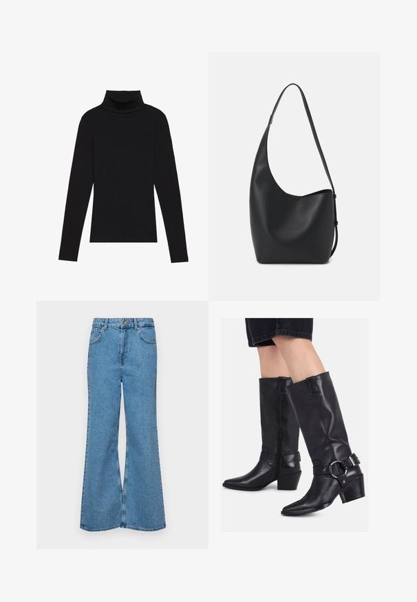 Black turtleneck long-sleeve top, made of ribbed fabric, features a fitted design with a high neckline and no patterns or accents.; Light blue flared jeans made of denim, featuring a high waist, five pockets, and a single button closure. Soft texture with faded finish.; Black leather knee-high boots with square toes, a side zipper, and a decorative strap with a circular buckle. Slightly textured finish.; Black leather hobo bag with a smooth texture, curved shape, and single adjustable strap; features a wide opening at the top.