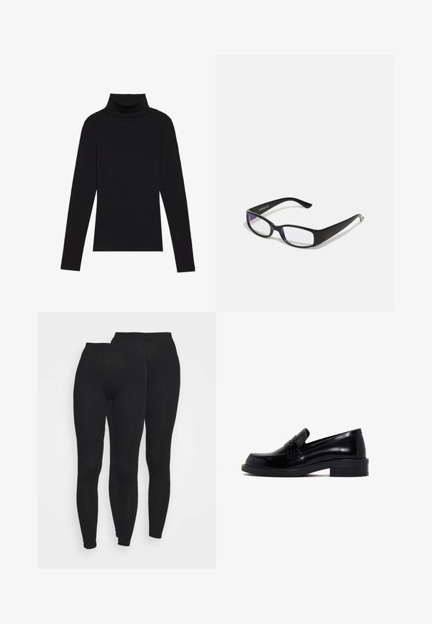 Czarna bluzka z długim rękawem i kołnierzem typu stójka, wykonana z prążkowanej tkaniny, charakteryzuje się dopasowanym krojem, wysokim dekoltem oraz brakiem wzorów i zdobień.; Czarne legginsy z elastycznym paskiem, wykonane z gładkiego, elastycznego materiału. Posiadają dopasowany krój zwężający się przy kostkach.; Czarne skórzane mokasyny o gładkim wykończeniu, zaokrąglonym nosku, niskim obcasie w kształcie bloku oraz dekoracyjnym pasku na górze. Teksturowane detale po bokach.; Czarne prostokątne okulary z przezroczystymi soczewkami. Błyszczące wykończenie, wąskie ramiona i fioletowy odcień widoczny na krawędziach soczewek.; Granatowy kwadratowy dywanik łazienkowy, wykonany z teksturowanej tkaniny, z jednolitą powierzchnią bez wzorów czy ozdób.