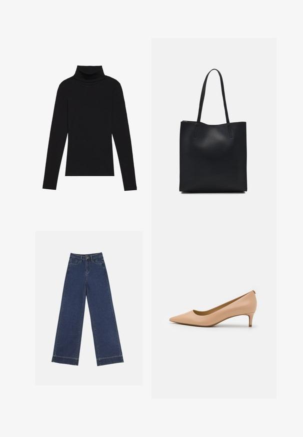Haut à manches longues noir à col roulé, fabriqué en tissu côtelé, présente un design ajusté avec un col haut et sans motifs ni accents.; Jeans à jambes larges en denim bleu foncé. Comprend cinq poches, des passants de ceinture et un ourlet brut en bas avec des détails de couture visibles.; Escarpin à bout pointu en cuir beige clair, avec un talon bas, une surface lisse et un design minimaliste avec un détail discret à l'arrière.; Sac fourre-tout en cuir noir avec une texture lisse, de forme rectangulaire et deux longues poignées. Pas de matériel ou d'ornementations visibles.