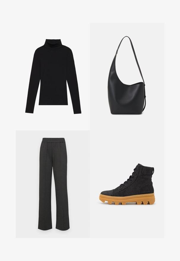 Zwarte turtleneck met lange mouwen, gemaakt van ribbelstof, heeft een aansluitend ontwerp met een hoge hals en geen patronen of accenten.; Zwarte rechte broek met een elastische tailleband, een plooi aan de voorkant, zacht materiaal en geen zichtbare patronen of hardwaredetails.; Zwarte denim hoge laarzen met een rubberen zool, voorzien van een textuur bovenwerk, een versterkte neus en een onderscheidend profiel op de zool.; Zwarte leren hobo tas met een gladde textuur, kromme vorm en een enkele verstelbare schouderband; heeft een brede opening aan de bovenkant.