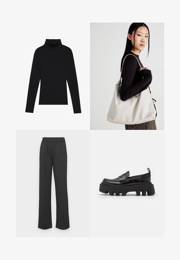 Cămășuță neagră cu guler înalt, dintr-un material cu dungi, cu un design aderent, fără modele sau accente.; Pantaloni negri cu croi drept, cu un tiv elastic, pliseuri frontale, material moale și fără modele sau detalii de metal vizibile.; Pantofi din piele neagră, tip loafers, cu o talpă groasă din cauciuc negru, având caneluri antiderapante și o bandă decorativă în partea frontală.; Geantă bej din material moale, cu un design lejer, detalii cusute și două bretele pentru umăr. Potrivită pentru utilizarea zilnică.