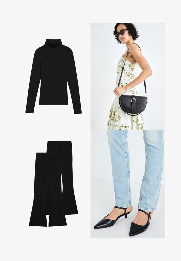 Svart høyhalset langermet topp, laget av ribbestrikket stoff, har en tettsittende design med høy hals og uten mønstre eller dekorasjoner.; Svarte flagrende bukser laget av elastisk stoff, med høy livlinje og en jevn tekstur, samt en tettsittende design som flarer fra kneet.; Sorte skinn, spisse slingback høye hæler med lav kitten hæl og stropp rundt ankelen, kombinert med lyseblå jeans.; Svart lærveske med en buet form, avtagbar stropp og gullbeslag. Vesken har et klaff med spenne-detall.