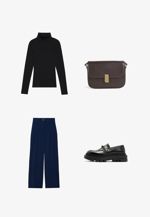 Maglione a collo alto nero a maniche lunghe, realizzato in tessuto a coste, presenta un design aderente con un collo alto e senza motivi o dettagli.; Pantaloni a palazzo blu navy realizzati in morbido materiale, con pince frontali, chiusura con bottone e due tasche laterali.; Mocassini in pelle nera con una suola nera spessa e testurizzata e una fascia decorativa sul collo del piede. Finitura liscia, silhouette moderna.; Borsa a tracolla in pelle marrone scuro con chiusura a pattina piegata e dettagli in metallo dorato. Texture liscia, design minimalista e forma rettangolare.