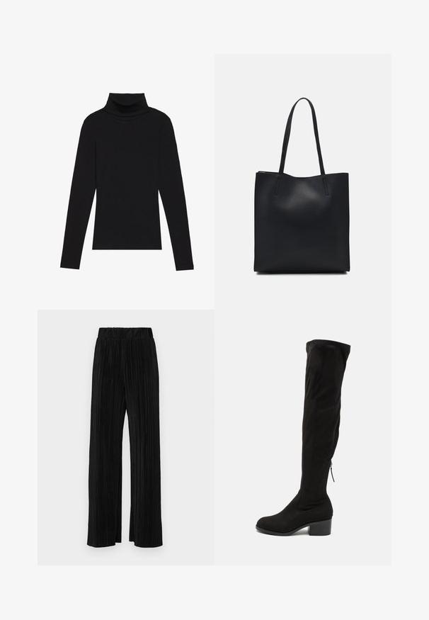 Schwarzes langärmeliges Turtleneck-Oberteil aus geripptem Stoff, mit einer taillierten Passform, hohem Kragen und ohne Muster oder Akzente.; Schwarze plissierte Hose mit elastischem Bund. Verfügt über weite Hosenbeine und einen glatten, strukturierten Stoff mit vertikalen Streifen.; Schwarze Overknee-Stiefel aus weichem Wildleder mit Blockabsatz und seitlichem Reißverschluss für ein einfaches Anziehen. Glatte Textur.; Schwarze Laptoptasche aus Leder mit glatter Textur, rechteckiger Form und zwei langen Griffen. Keine sichtbaren Beschläge oder Verzierungen.