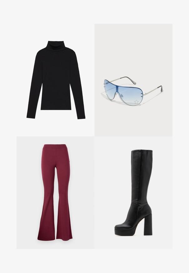 Melnā turtlenecka garām piedurknēm augšdaļa, izgatavota no ribotas auduma, ar pieguļošu piegriezumu, augstu kakla izgriezumu un bez rakstiem vai akcentiem.; Burgundijas krāsas platas legingas, izgatavotas no elastīga auduma. Tām ir augsta jostasvieta un gluda tekstūra, ar platām apakšmalām, kas nodrošina plašāku piegriezumu. ; Melni ceļa augstie zābaki, izgatavoti no gludas ādas ar strukturētu virsmu, ar augstu blokveida papēdi un apaļu purngalu.; Pilotstila saulesbrilles ar gradienta zilām lēcām, sudraba metāla rāmjiem un dekoratīvām zvaigžņu akcentiem uz lēcām. Gluda un eleganta dizaina.; Denim plecu soma ar krokotas dizainu, zilas krāsas, ar sudraba kniedēm gar malām un teksturētu siksnu.