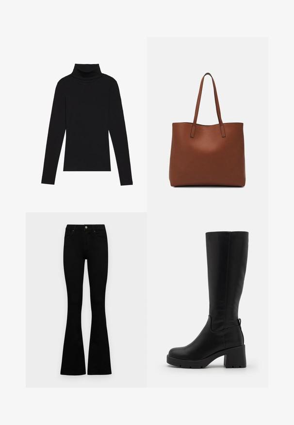 Black turtleneck long-sleeve top, made of ribbed fabric, features a fitted design with a high neckline and no patterns or accents.; Black high-waist jeans with a button and zip closure, front pockets, and flared legs laid flat on a white background.; Even&Odd Platform boots - black; Brown leather tote bag with a smooth texture, open top design, and two shoulder straps. Features minimal stitching and no visible hardware.