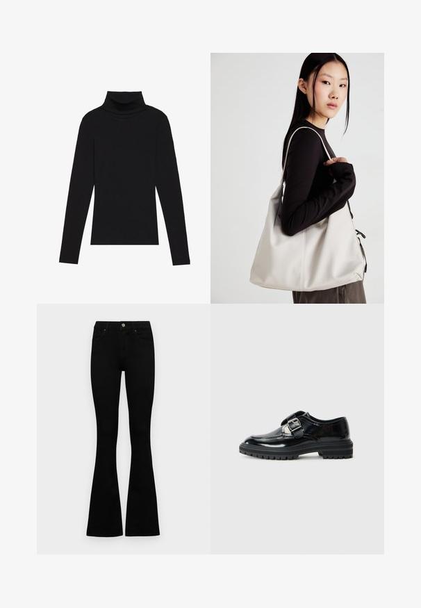 Top de manga larga de cuello alto negro, hecho de tela de canalé, presenta un diseño ajustado con un cuello alto y sin patrones ni acentos.; Jeans negros de cintura alta con cierre de botón y cremallera, bolsillos frontales y piernas acampanadas, dispuestos sobre un fondo blanco.; Mocasín de cuero negro brillante con una correa de hebilla plateada y suela de goma gruesa con textura, mostrado de perfil sobre un fondo blanco.; Bolso de mano beige hecho de material suave, con un diseño holgado, detalles cosidos y dos asas. Adecuado para uso diario.