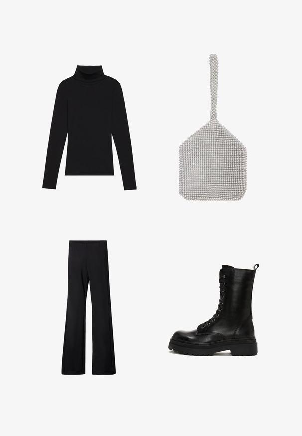 Czarna bluzka z długim rękawem i kołnierzem typu stójka, wykonana z prążkowanej tkaniny, charakteryzuje się dopasowanym krojem, wysokim dekoltem oraz brakiem wzorów i zdobień.; Czarne spodnie dzwonowe z elastycznym paskiem w talii, wykonane z miękkiego, elastycznego materiału, charakteryzujące się gładką teksturą i brakiem widocznych wzorów czy elementów metalowych.; Czarne skórzane buty wojskowe z wysoką cholewką, sznurowane z przodu, z wytrzymałą podeszwą o falistym krawędzi i pętelką z tyłu.; Srebrna torebka o strukturalnym kształcie, pokryta małymi, refleksyjnymi cyrkoniami. Posiada długi, ozdobny uchwyt.