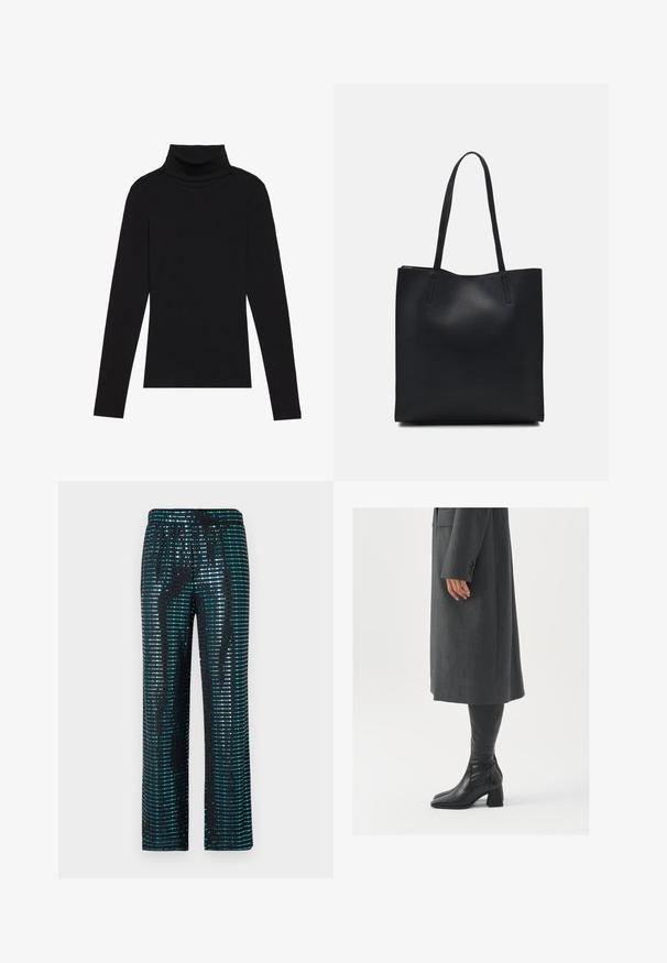 Sort højhalset bluse med lange ærmer, lavet af ribbet stof, har et tætsiddende design med en høj krave og uden mønstre eller detaljer.; Sorte bukser med pailetter i turkis og sølv, løst fit og elastisk talje.; Grå, skræddersyet frakke med lige snit; parret med knæhøje sorte læderstøvler med firkantet tå og kraftig hæl.; Sort læder tote taske med glat tekstur, rektangulær form og to lange hanke. Ingen synlig hardware eller udsmykninger.