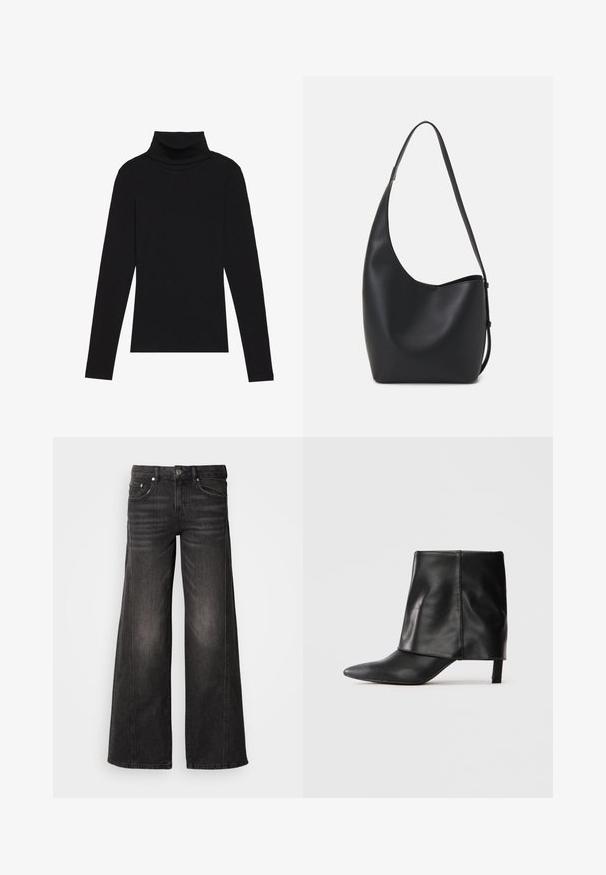 Čierny rolák s dlhým rukávom, vyrobený z rebrovanej tkaniny, má priliehavý strih s vysokým golierom a bez vzorov alebo akcentov.; Čierne široké džínsy s vybledlými detailmi, päťvrecový dizajn, zapínanie na gombík a zips.; Čierna kožená čižma po kolená s špicatou špičkou, prehnutým horným častom a štíhlym nízkym opätkom, stojaca na bielom pozadí.; Čierna kožená hobo taška so hladkou textúrou, zakriveným tvarom a jedným nastaviteľným popruhom; má široké otvorenie na vrchu.