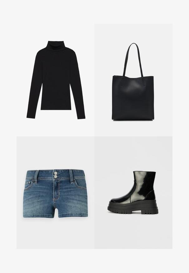 Top de gola alta de manga longa, preto, feito de tecido canelado, apresenta um design justo com um decote elevado e sem padrões ou detalhes.; Hollister Co. Low-Rise Medium Wash Denim Shortie Shorts - Calções de ganga - blue denim; Bota de tornozelo preta e brilhante com sola grossa e arredondada, vista lateral sobre fundo cinza claro.; Bolsa tote preta em couro com textura lisa, forma retangular e duas alças longas. Sem hardware ou enfeites visíveis.