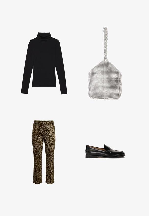 Mustavööne, pika varrukaga kõrge kaelusega T-särk, mis on valmistatud ribakanga materjalist, omab sobivat disaini ja ei sisalda mustreid ega aksessuaare.; Leopardi mustriga püksid, millel on kitsas lõige, nööbiga kinnitamine ja tikkimisega vöökoht, mis pakub mugavuse tagamiseks kerget venimist.; Must siin mustad nahast loaferid ümarate varvastega, libisemisega mudel ja peened õmblused peal. Lame kummist tall.; Hõbedane võrgust käekott, millel on struktureeritud kuju, kaetud väikeste peegeldavate rhinestones'itega. Omab pikka, kaunistatud käepidet.