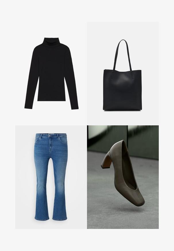 Svart høyhalset langermet topp, laget av ribbestrikket stoff, har en tettsittende design med høy hals og uten mønstre eller dekorasjoner.; Blå denim flared jeans med middels høy livhøyde, to frontlommer og knappelukking. Har en falmet vask og lett ripping ved kanten.; Mørk olivengrønn lærhøyhellet sko med firkantet tå og blåk heel, svevende over et grått betonggulv med en uskarp grønn bakgrunn.; Svart lær tote bag med glatt tekstur, rektangulær form og to lange håndtak. Ingen synlige deler eller dekorasjoner.