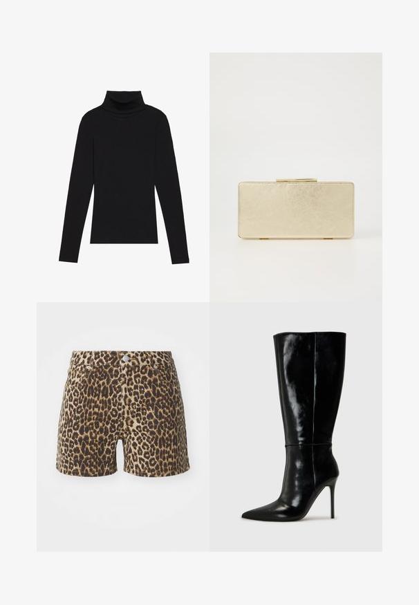 Svart polokrage långärmad topp, tillverkad av ribbat tyg, har en figurnära design med hög hals och inga mönster eller accenter.; Lepardmönstrade shorts i tan- och bruna nyanser, utrustade med fickor, knappstängning och en figurnära design. Tillverkade av lättviktsmaterial.; Svarta läderknähöga stövlar med spetsig tå och hög stilettklack. Slät textur och elegant design med minimal detaljer.; Guldväska med en jämn metallisk yta, rektangulär form och ett enkelt lås. Ingen synlig mönster eller dekorationer.; Guldtonade metallörhängen med en slät, rundad triangulär form och design med postback; reflekterande yta med minimal detaljering.