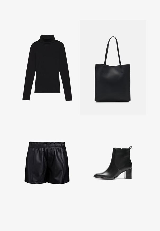 Melnā turtlenecka garām piedurknēm augšdaļa, izgatavota no ribotas auduma, ar pieguļošu piegriezumu, augstu kakla izgriezumu un bez rakstiem vai akcentiem.; Melnas ādas bikses ar elastīgu jostasvietu, kurām ir gluda tekstūra, brīva piegriezuma un sānu kabatas papildu ērtībai.; Melnas ādas potītes zābaks ar noapaļotu purngalu, vidēja augstuma bloku papēdi un aizdari aizmugurē. Gluda tekstūra, minimāls dizains.; Melnas ādas somiņa ar gludu tekstūru, taisnstūra formu un divām garām rokturiem. Nav redzamu aparatūras vai rotājumu.
