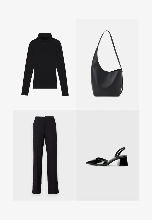 Haut à manches longues noir à col roulé, fabriqué en tissu côtelé, présente un design ajusté avec un col haut et sans motifs ni accents.; Pantalons noirs à jambe droite avec fermeture à bouton et ourlet replié, fabriqués en tissu lisse avec une finition mate. Conception ajustée.; Escarpins en cuir verni noir avec bout pointu et talon bloc géométrique. Présente un design élégant et minimaliste ainsi qu'une texture lisse.; Sac hobo en cuir noir avec une texture lisse, une forme incurvée et une seule sangle réglable ; dispose d'une large ouverture en haut.