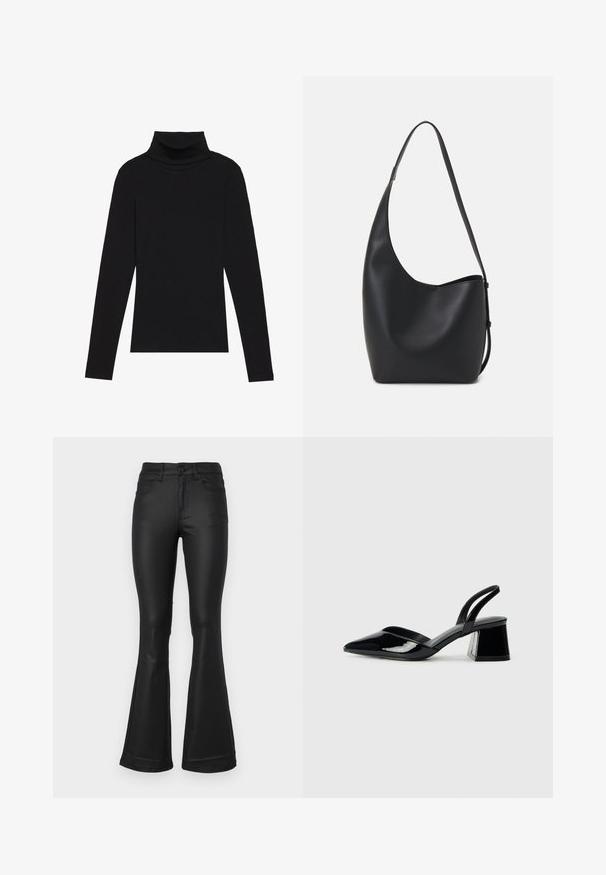 Svart høyhalset langermet topp, laget av ribbestrikket stoff, har en tettsittende design med høy hals og uten mønstre eller dekorasjoner.; Sorte flared jeans laget av et glatt stoff. Har fem lommer, en tettsittende midje, og en vid benåpning nederst.; Svarte patentlær slingback hæler med spiss tå og geometrisk blokk hæl. Har et stilrent, minimalistisk design og jevn tekstur.; Svart lær hobo-veske med glatt tekstur, buet form og enkelt justerbart stropp; har en bred åpning på toppen.