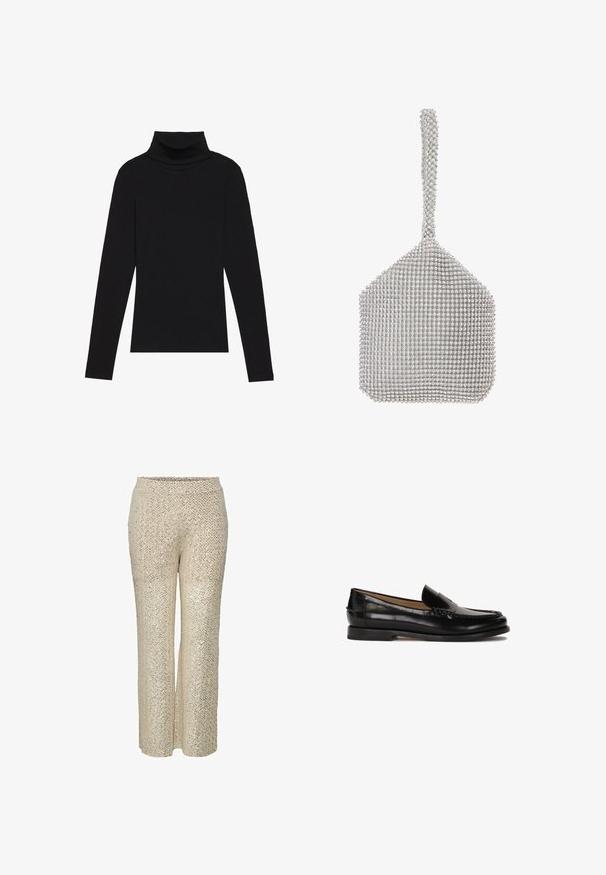 Černý rolák s dlouhým rukávem, vyrobený z žebrované látky, má upnutý střih s vysokým výstřihem a žádné vzory ani akcenty.; Béžové kalhoty s flitry a zigzagovým vzorem, vysokým pasem a širokými nohavicemi, s hladkým povrchem a třpytivým vzhledem.; Černé kožené mokasíny s kulatou špičkou, jednoduchým designem na obouvání a diskrétními prošívanými detaily na svršku. Plochá gumová podrážka.; Stříbrná síťovaná kabelka se strukturovaným tvarem, pokrytá malými, od reflective rhinestones. Obsahuje dlouhé, zdobené ucho.