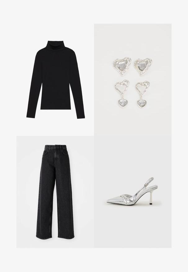 Melnā turtlenecka garām piedurknēm augšdaļa, izgatavota no ribotas auduma, ar pieguļošu piegriezumu, augstu kakla izgriezumu un bez rakstiem vai akcentiem.; Melnas augstās vidukļa platās kājas džinsus, kas izgatavoti no denima, ar klasisku piecu kabatu dizainu un smalkiem šuvju detaļām.; Sudraba slingback augstpapēžu kurpe ar norādītu purngalu, metālisku apdari, diviem dekoratīviem siksniņām un plānu papēdi ar melnu galu.; Sudraba sirds formas auskari ir rotāti ar daudzšķautņainiem caurspīdīgiem akmeņiem un ar teksturētu rāmi. Komplektā iekļauti gan pērlīšu, gan pilienu stili.