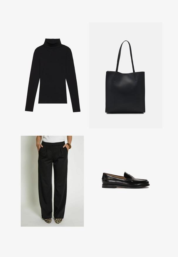 Svart polokrage långärmad topp, tillverkad av ribbat tyg, har en figurnära design med hög hals och inga mönster eller accenter.; Desires Tygbyxor - black; Svart läderloafer med rundad tå, slip-on-design och subtila sömnadsdetaljer längs ovandelen. Platt gummisula.; Svart lädertoffelväska med slät textur, rektangulär form och två långa handtag. Ingen synlig hårdvara eller dekorationer.