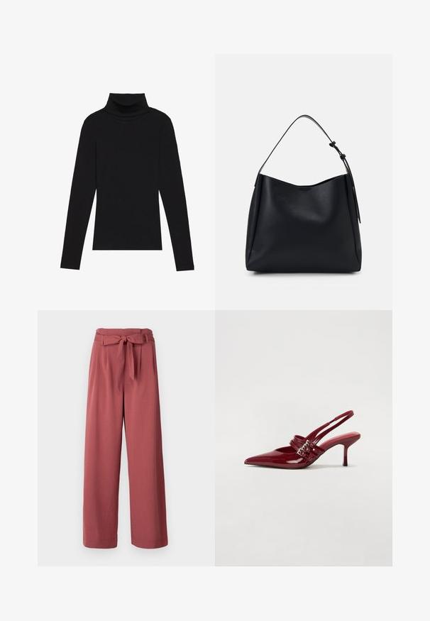 Melnā turtlenecka garām piedurknēm augšdaļa, izgatavota no ribotas auduma, ar pieguļošu piegriezumu, augstu kakla izgriezumu un bez rakstiem vai akcentiem.; Platas kājas bikses putekļrozā krāsā, izgatavotas no mīksta auduma, ar sasietu jostu viduklī un sānu kabatām.; Sarkana lakota ādas kurpju kurpes ar atvērtu papēdi, norādītu purngalu, divām sprādzēm un slaidu, vidēja augstuma stiletu papēdi. Gluda tekstūra.; Melna ādas hobu soma ar vienu plecu siksnu, gluda tekstūra, sašaurināts augšdaļa un minimālistisks dizains bez redzamiem piederumiem.