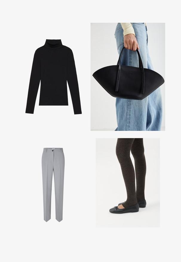 Černý rolák s dlouhým rukávem, vyrobený z žebrované látky, má upnutý střih s vysokým výstřihem a žádné vzory ani akcenty.; Šedé kalhoty na míru s rovnými nohavicemi, vyrobené z hladkého materiálu. Obsahují přední zapínání na knoflík a dvě přední kapsy.; Černé ploché boty s malou mašlí na špičce, kombinované s tmavě hnědými žebrovanými punčochami. Boty mají hladký povrch a nízký profil.; Černá kožená kabelka s jedinečným tvarováním ve tvaru vějíře, vybavená plochými uchy. Povrch má jemně zrnitou texturu a minimalistický design.