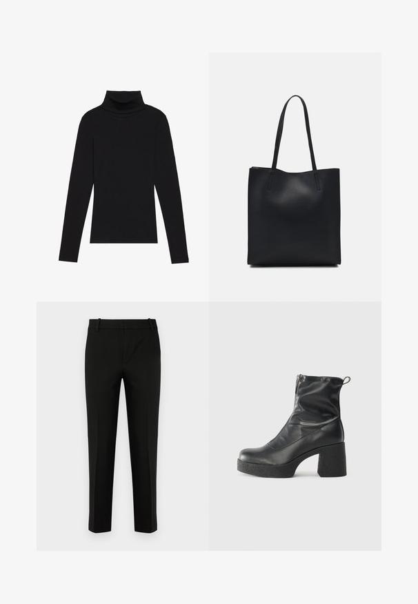 Svart polokrage långärmad topp, tillverkad av ribbat tyg, har en figurnära design med hög hals och inga mönster eller accenter.; Svarta byxor med slim fit, med flat front, sidofickor och en slät textur. Designade med hög midja och avsmalnande ben.; Svarta ankelstövlar i slitstark läder, med sidodragkedja, kraftig strukturerad klack och rundad tådesign.; Svart lädertoffelväska med slät textur, rektangulär form och två långa handtag. Ingen synlig hårdvara eller dekorationer.