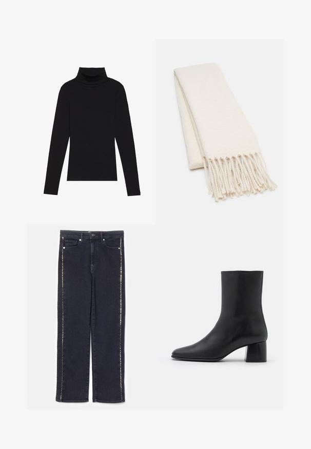 Maglione a collo alto nero a maniche lunghe, realizzato in tessuto a coste, presenta un design aderente con un collo alto e senza motivi o dettagli.; Jeans in denim scuro con un design a gamba dritta, caratterizzati da una fila di borchie metalliche lungo le cuciture laterali, per un tocco distintivo.; Stivali ankle in pelle nera con punta affusolata e tacco quadrato grosso. Texture liscia con un design senza cuciture e cuciture minimaliste.; Sciarpa bianca con un motivo testurizzato, con estremità frangiate. Il materiale sembra morbido e leggero, piegato ordinatamente per l'esposizione.; Borsa tote nera realizzata in materiale testurizzato, con due manici lunghi e un design semplice e minimalista senza hardware visibile.