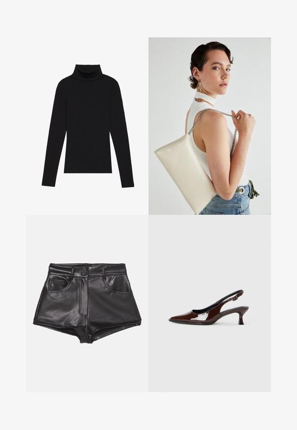 Juoda turtleneko ilgo rankovės viršutinė dalis, pagaminta iš raukšlėtos medžiagos, turi prigludusią formą, aukštą apykaklę ir neturi jokių raštų ar akcentų.; Juodos dirbtinės odos šortai su aukštu liemeniu, turintys dvi priekines kišenes, matomus siūlus ir lygią tekstūrą.; Rudos lakuoti odiniai slingback batai su smailiu pirštu ir vidutinio aukščio kulnu. Yra sagties dirželis, užtikrinantis tvirtą prigludimą. Lygus paviršius.; Balta, stačiakampio formos rankinė pagaminta iš blizgaus medžiagos, su sidabriniu virvute. Modelis pozavo, demonstruodamas rankinę prieš paprastą foną.