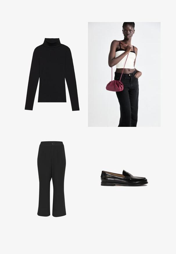 Cămășuță neagră cu guler înalt, dintr-un material cu dungi, cu un design aderent, fără modele sau accente.; Pantaloni scurți negri, cu o textură netedă, închidere cu nasture și două buzunare frontale. Designul are o croială dreaptă și un detaliu minim.; Loafer din piele neagră, cu vârf rotunjit, design slip-on și detalii subtile de cusătură pe partea superioară. Talpă din cauciuc plat.; Geantă dintr-un material moale de culoare burgundă, cu un design plisat și o curea lungă, purtată pe umăr. Modelul poartă un top alb scurt și blugi negri.