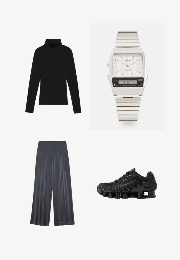 Haut à manches longues noir à col roulé, fabriqué en tissu côtelé, présente un design ajusté avec un col haut et sans motifs ni accents.; Zign Studio Pantalon classique - dark grey; Chaussure de sport noire avec une tige en mesh et des superpositions brillantes. Dotée d'un amorti à ressorts courbés et de lignes texturées sur le côté. Logo Nike visible.; Montre à quartz Casio argentée avec un cadran rectangulaire, un cadran blanc texturé, des aiguilles analogiques, un affichage numérique et un bracelet en maillons métalliques. Résistante à l'eau.