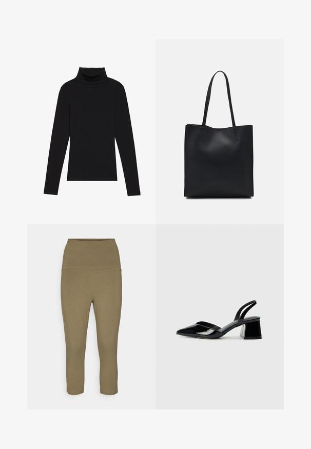Černý rolák s dlouhým rukávem, vyrobený z žebrované látky, má upnutý střih s vysokým výstřihem a žádné vzory ani akcenty.; Olivové legíny capri vyrobené z měkké, elastické tkaniny; mají široký pas pro podporu a bezešvou konstrukci pro komfort.; Černé lakované kožené lodičky na pásku s špičatou špičkou a geometrickým blokovým podpatkem. Vyznačují se elegantním, minimalistickým designem a hladkým povrchem.; Černá kožená taška přes rameno s hladkým povrchem, obdélníkovým tvarem a dvěma dlouhými uchy. Žádné viditelné kování ani ozdoby.