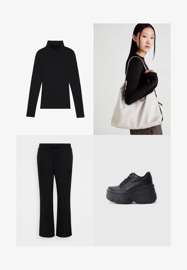 Maglione a collo alto nero a maniche lunghe, realizzato in tessuto a coste, presenta un design aderente con un collo alto e senza motivi o dettagli.; Pantaloni neri a taglio morbido realizzati in tessuto morbido, con vita elastica e coulisse, e gambe larghe. Senza motivi visibili.; Sneaker nere con lacci e suola spessa, caratterizzate da una tomaia in pelle liscia, punta arrotondata e un distintivo design a piattaforma stratificata.; Borsa a mano beige realizzata in materiale morbido, caratterizzata da un design morbido, dettagli cuciti e due manici. Adatta per l'uso quotidiano.