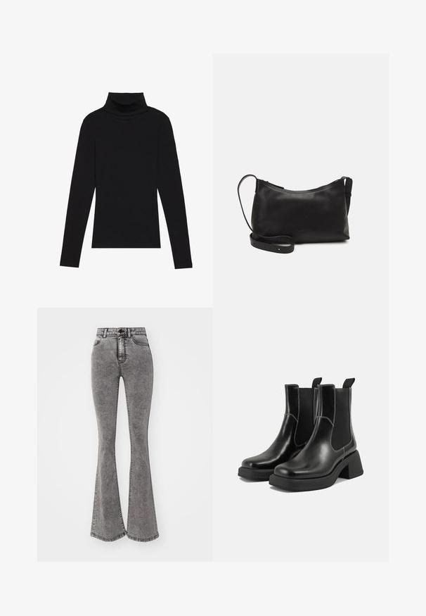 Black turtleneck long-sleeve top, made of ribbed fabric, features a fitted design with a high neckline and no patterns or accents.; High-waisted flared jeans in a faded gray denim with distressed detailing, featuring a button closure and five-pocket design.; Black leather Chelsea boots with a chunky heel, elastic side panels, and contrasting white stitching. Textured finish.; Black leather shoulder bag with a smooth texture, curved shape, adjustable strap, and a zip closure. Minimalist design without embellishments.
