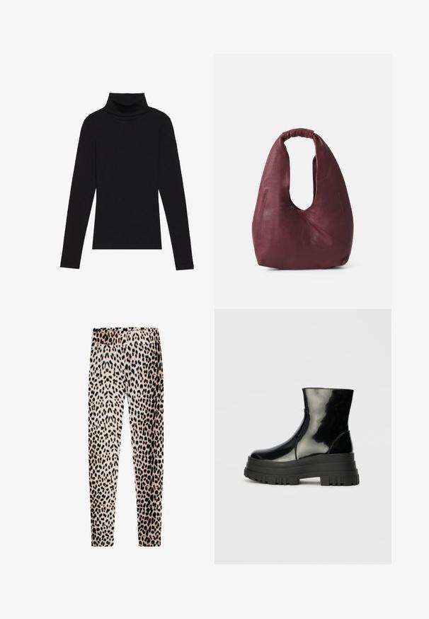 Črna majica s puloverjem in dolgimi rokavi, izdelana iz rebraste tkanine, ima prilegan kroj s visokim ovratnikom in brez vzorcev ali okrasnih elementov.; Leggingi z leopardjim vzorcem, izdelani iz mehke tkanine, z raztegljivim pasom, dolgimi ozkimi nogami ter mešanico bež, črne in rjave barve.; Črne sijajne gležnjarje z debelim profilom podplata in zaobljenim nosom, stranski pogled na enostavni svetlo sivi ozadju.; Bordo usnjeni torbica z upognjenim ročajem, ki se ponaša z teksturirano površino in asimetričnim dizajnom. Opazne podrobnosti stranskega šiva.