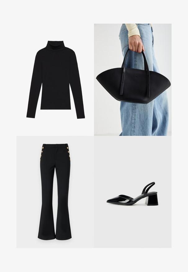 Top de gola alta de manga longa, preto, feito de tecido canelado, apresenta um design justo com um decote elevado e sem padrões ou detalhes.; Calças pretas de campana em tecido elástico, com frente lisa, bolsos laterais e botões decorativos dourados na anca.; Sandy em verniz preto com salto slingback, ponta afilada e salto geométrico. Apresenta um design elegante e minimalista com textura suave.; Bolsa de mão em couro preto com uma forma única em leque, apresentando alças planas. A superfície tem uma textura pebble e um design minimalista.
