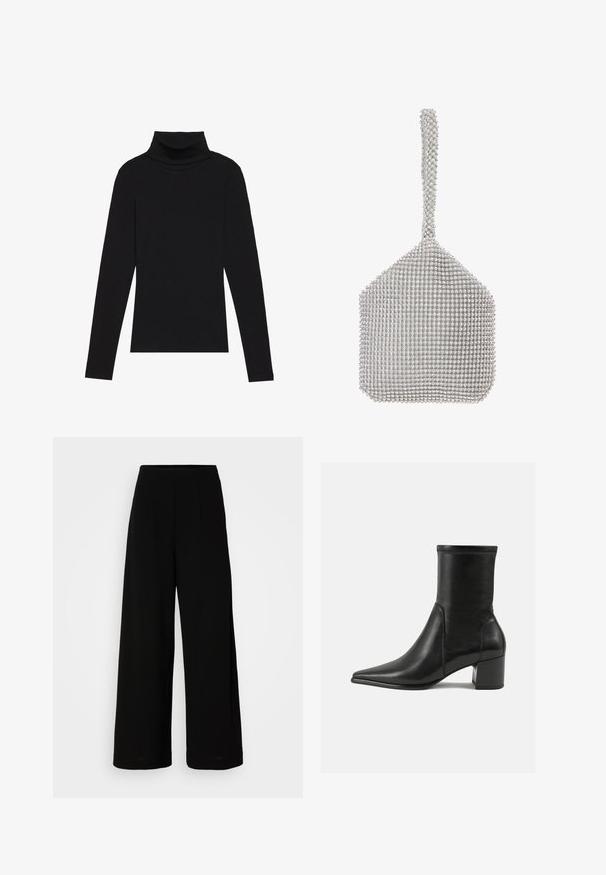 Black turtleneck long-sleeve top, made of ribbed fabric, features a fitted design with a high neckline and no patterns or accents.; Black wide-leg trousers with a high waist, featuring front pleats, smooth fabric, and no visible closures or pockets. Simple, modern design.; Black ankle boot made of smooth leather, featuring a pointed toe, a block heel, and distinct raised stitching at the top edge.; Silver mesh handbag with a structured shape, covered in small, reflective rhinestones. Features a long, embellished handle.