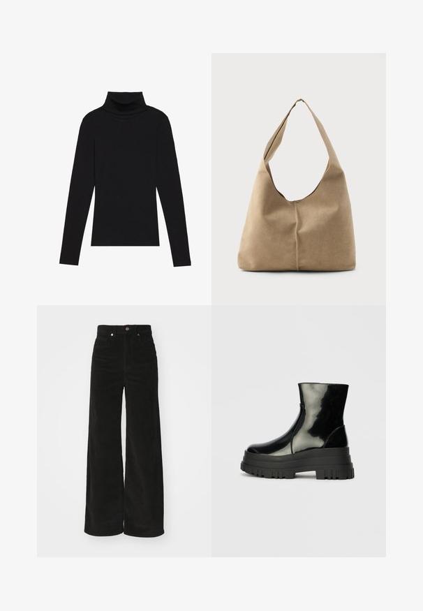 Svart polokrage långärmad topp, tillverkad av ribbat tyg, har en figurnära design med hög hals och inga mönster eller accenter.; Svarta kordflöjlsbyxor med breda ben och hög midja, utrustade med två framfickor och metallknappstängning. Strukturerad tyg med vertikala ribbor.; Svart glansig ankelsko med tjock sål och rund tå, sedd från sidan på en enfärgad ljusgrå bakgrund.; Hobo-väska i mjuk beige mocka med en avslappnad form, bred axelrem och handsydd sömdetalj längs framsidan.