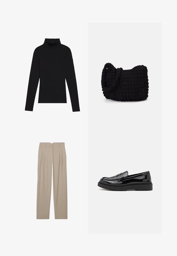 Top de manga larga de cuello alto negro, hecho de tela de canalé, presenta un diseño ajustado con un cuello alto y sin patrones ni acentos.; Pantalones plisados beige con un diseño de pierna recta, que presentan un cierre frontal con botón y bolsillos laterales, confeccionados en una tela suave.; Mocasines de charol negro con punta redonda, una correa decorativa y una gruesa suela de goma negra. Textura lisa y brillante con costuras mínimas.; Bolsa de tela negra con un patrón texturizado y acolchado. Forma redondeada, asas cortas y gruesas, y una estructura blanda y flexible.