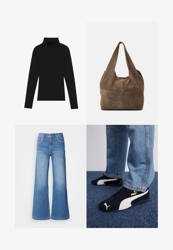 Svart høyhalset langermet topp, laget av ribbestrikket stoff, har en tettsittende design med høy hals og uten mønstre eller dekorasjoner.; Vide benbukser i blått denim, med høy midje, dekorativ søm på lommene og en falmet vask.; Sorte semskematerial sneakers med hvite detaljer og et gullmerke. Brukt sammen med lyseblå denimjeans og plassert på en teksturert blå overflate.; Brun semsket hobo-veske med en enkelt skulderreim, myk tekstur og rund form. Har en søm på tvers i midten for ekstra detaljer.