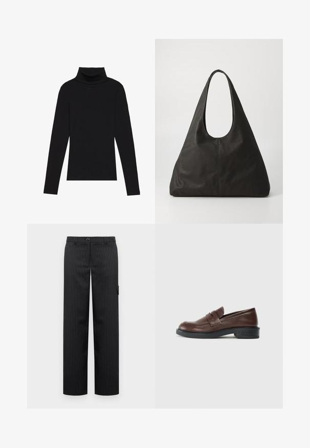 Mustavööne, pika varrukaga kõrge kaelusega T-särk, mis on valmistatud ribakanga materjalist, omab sobivat disaini ja ei sisalda mustreid ega aksessuaare.; Mustadrilised mustad püksid otsejalaga disainiga, nupuga kinnitamine ja küljetasku, valmistatud siledast kangast.; Pruunid nahast loafersid ümarate varvastega, dekoratiivse rihmaga peal, madala ja tekstuurse musta kummist kontsaga.; Must mustkott mustriga käsnaga, pikliku kolmnurkse kuju ja sileda tekstuuriga. Omab minimalistlikku disaini ilma nähtavate seadmeteta.