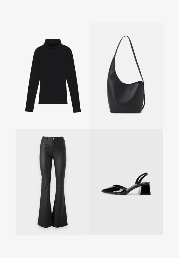 Cămășuță neagră cu guler înalt, dintr-un material cu dungi, cu un design aderent, fără modele sau accente.; Pantaloni negri evazați, fabricați dintr-un material lucios și neted; au buzunare frontale, talie ajustată și cusături decorative pe cusături.; Pantofi cu toc slingback din piele lacuită neagră, cu vârf ascuțit și toc geometric. Prezintă un design elegant, minimalist și o textură netedă.; Geantă hobo din piele neagră, cu o textură netedă, formă curbată și un singur bretele ajustabil; are o deschidere largă în partea de sus.