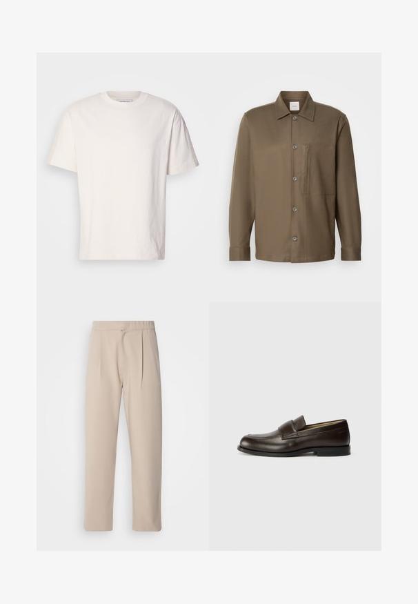 Crème-kleurig katoenen T-shirt met een ronde hals. Korte mouwen en een comfortabele pasvorm. Heeft een klein logo op de halslijn. Zachte textuur.; Bruine geknoopte blouse met een kraag, lange mouwen, een borstzak en een gladde textuur. Voorzien van grijze knopen aan de voorkant.; Beige, geplooide broeken van zachte stof. Voorzien van een elastische tailleband, rechte pijpen en een gladde textuur. Geen zakken of accenten.; Calvin Klein Instappers - cocoa brown