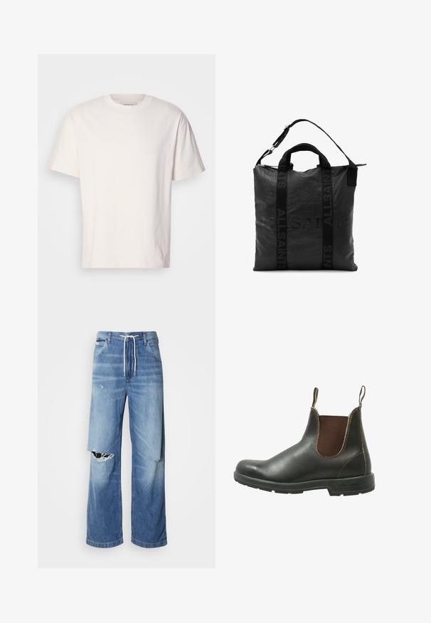 Kermanvärinen puuvillapaita, jossa on miehustakaulus. Lyhyet hihat ja rento istuvuus. Paitassa on pieni logo kaula-aukossa. Silkkinen rakenne.; Vaalean siniset farkut, joissa on avara leikkaus, valkoisella kiristysnauhalla vyötäröllä ja selkeät repeämät etuosassa, jotka paljastavat rispaantuneita reunoja.; Chelsea-boot, joka on valmistettu sileästä mustasta nahasta, jossa on ruskeat joustavat sivupaneelit, kontrastivärinen ompelu ja teksturoitu kumipohja.; Mustat nahkainen olkalaukku, jossa on teksturoidut pinnat, yläkahvat ja säädettävä olkahihna. Varustettu kohokuvioidulla logolla ja vetoketjukiinnityksellä.