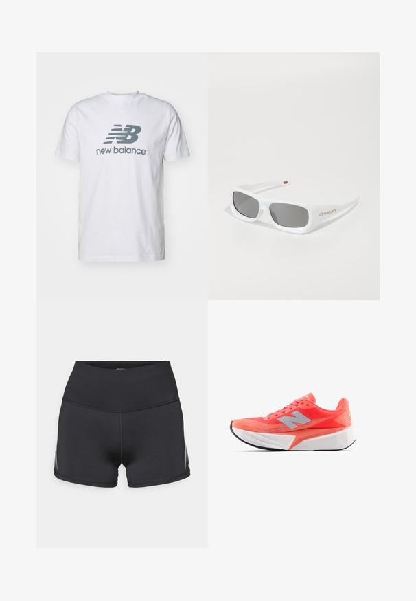 Balta medvilninė marškinėlių su pilku "NB" logotipu ir "new balance" tekstu, trumpomis rankovėmis, klasikinio apvalaus iškirpimo dizainas, lygus paviršius.; Juodos sportinės trumpės su aukštu liemeniu, pagamintos iš tamprios medžiagos. Yra baltos šoninės juostos ir plokščios siūlės, užtikrinančios komfortą.; Lengvas bėgimo batelis ryškiu koralų atspalviu, su tinkline viršutine dalimi ir sidabriniu logotipu. Išskirtinė tekstūruota balta pado dalis ir juodas guminis padas.; Balti stačiakampiai Oakley saulės akiniai su tamsiais lęšiais, padėti ant balto paviršiaus, šone matomas logotipas.
