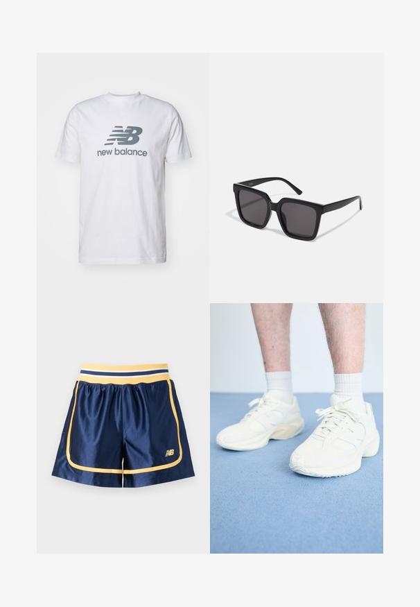 Balta kokvilnas t-kreklu ar pelēku "NB" logo un "new balance" tekstu, īsām piedurknēm, klasiskā apaļā kakla dizainā, gluda tekstūra.; Jūras spēku sporta šorti ar dzeltenām detaļām, ar elastīgu jostasvietu un sānu apdari. Izgatavoti no gludas, vieglas materiāla.; Baltie sporta sneakers ar sietiņu un zamšu detaļām, teksturēta zole, apaļu formu un auklu aizdari, valkāti kopā ar baltām potīšu zeķēm.; Melni kvadrātveida saulesbrilles ar tumšiem tonētiem stikliem un gludu, spīdīgu plastmasas materiālu. Roku dizains ir vienkāršs un pagarināts.