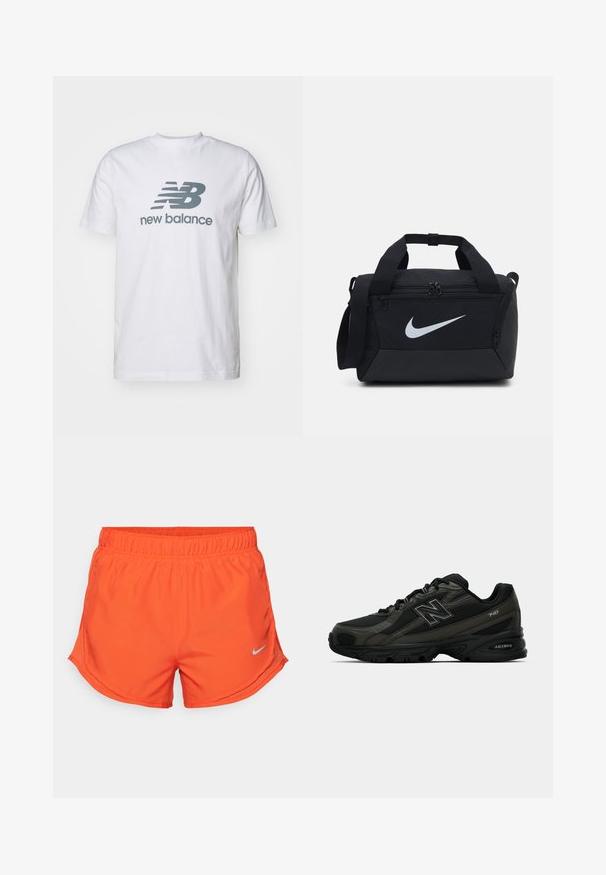 Camiseta de algodón blanca con un logo gris "NB" y el texto "new balance", mangas cortas, diseño de cuello redondo clásico, textura suave.; Pantalones cortos deportivos naranjas fabricados con material ligero, con una cinturilla elástica y un pequeño logo reflectante de Nike en la parte inferior izquierda.; Zapatillas deportivas negras con un upper sintético texturizado, que cuentan con una suela acolchada y un prominente logo "N" en el lateral. El diseño incluye secciones de malla ligera.; Bolsa de deporte negra con un tejido suave, compartimentos con doble cremallera, asas acolchadas y un gran logo blanco de Nike en la parte frontal.